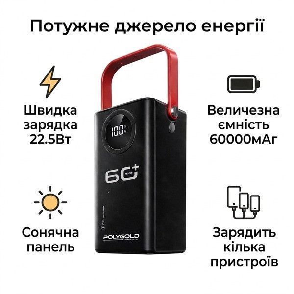 Повербанк Polygold PG-PW118 LED-дисплей 60000 mAh 22.5W Black (7_03189) 7_03189 фото