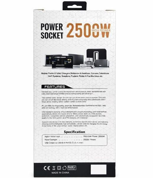 Мережевий фільтр-подовжувач RIAS D10L 10 розеток 4 USB 1 Type-C 2500W 5 метрів White (3_08243) 3_08243 фото