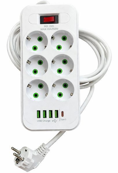 Мережевий фільтр-подовжувач RIAS D6L 6 розеток 4 USB 1 Type-C 2500W 3 метри White (3_08244) 3_08244 фото