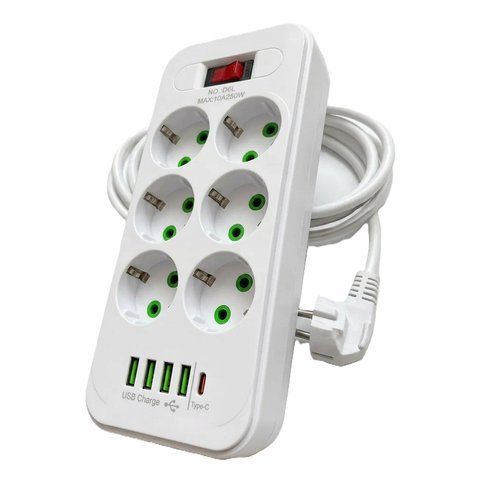 Мережевий фільтр-подовжувач RIAS D6L 6 розеток 4 USB 1 Type-C 2500W 3 метри White (3_08244) 3_08244 фото