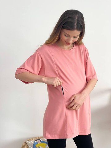 Жіноча футболка для вагітних та годуючих мам WOW MOM Oversize Пудра S (1_3047) 1_3047_Pi_S фото