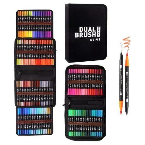 Набор двусторонних маркеров для скетчинга Black Dual Brush Pens на водной основе 120 шт в пенале (3_05676) 3_05676 фото