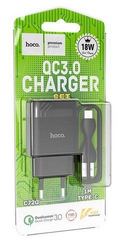 Мережевий зарядний пристрій Hoco C72Q QC3.0 3A 18W USB з кабелем Type-C Black (7_02617) 7_02617 фото