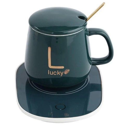 Чашка керамічна Lucky на платформі з підігрівом з кришкою та ложкою 380ml Green (3_05627) 3_08248 фото
