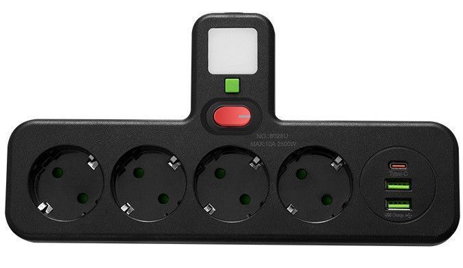 Сетевой фильтр RIAS 8028UL 4 розетки 2 USB 1 Type-C LED 2500W Black (3_08251) 3_08251 фото