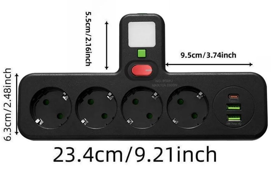 Сетевой фильтр RIAS 8028UL 4 розетки 2 USB 1 Type-C LED 2500W Black (3_08251) 3_08251 фото