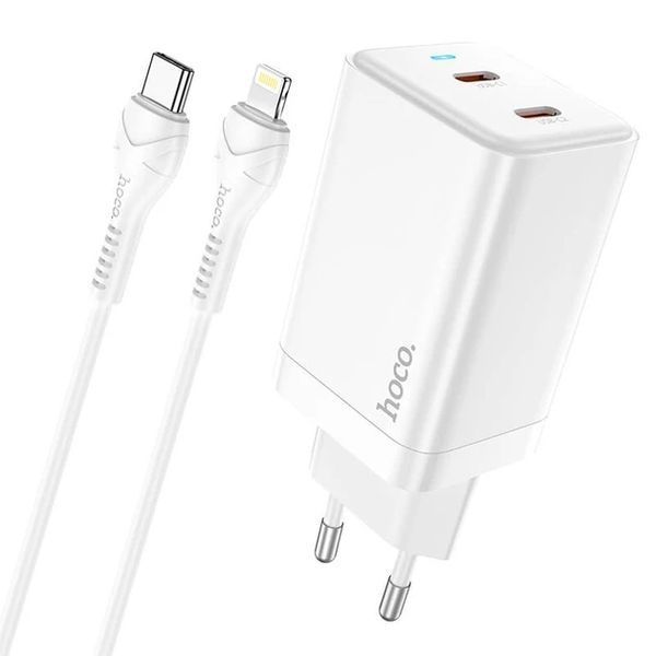 Сетевоe зарядное устройство Hoco N23 45W 2xType-C с кабелем Lightning White (7_02673) 7_02673 фото