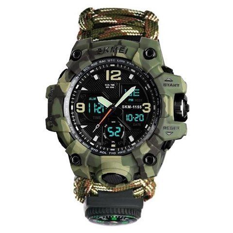 Наручний годинник для виживання Skmei Paracord 1155BCMGN з компасом та кресалом Green Camo (7_01141) 7_01141 фото