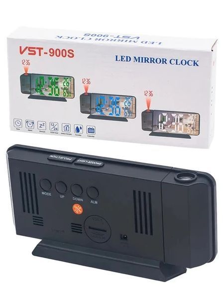 Годинник настільний електронний VST 900S-4 дзеркальний з проектором USB Green Light Black (7_02589) 7_02589 фото