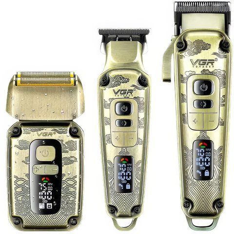 Набор машинка для стрижки, триммер и шейвер аккумуляторный VGR V-642 с LED дисплеем 4 насадки 5W Gold 3_05687 фото