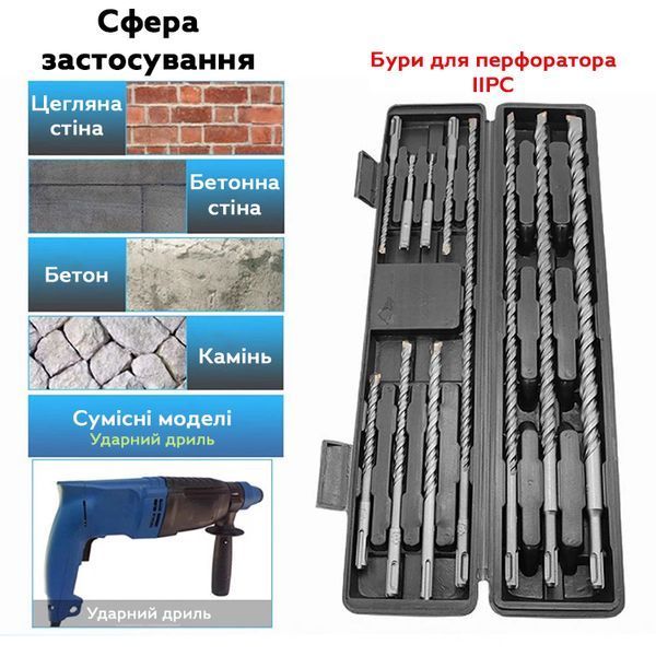 Набор буров SDS Plus твердосплавных для бетона 5&ndash;20 мм 11 шт в кейсе (3_07780) 3_07780 фото