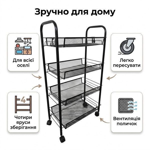 Стеллаж этажерка RIAS Four Layer Shelf на колесах 76x37x22 см Black (3_08400) 3_08400 фото