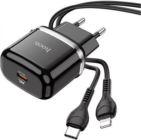 Сетевоe зарядное устройство Hoco N24 QC3.0 20W Type-C с кабелем Lightning Black (7_02681) 7_02681 фото