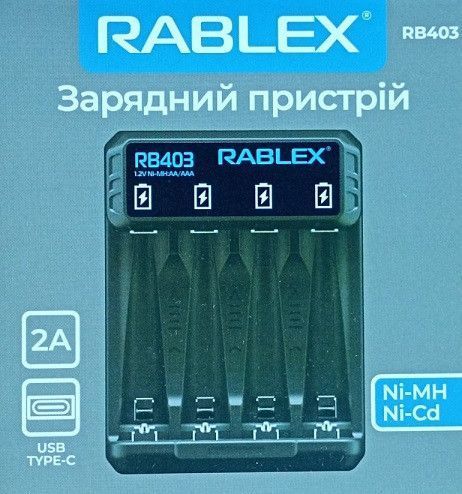 Зарядное устройство Rablex RB403 для 4х аккумуляторов Li-Ion/Ni-MH/Ni-Cd 1.2V Type-C Black 7_01684 фото