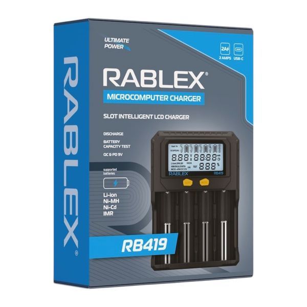 Зарядное устройство Rablex RB419 для 4х аккумуляторов Li-Ion/Ni-MH/Ni-Cd с дисплеем Type-C Black 7_02597 фото
