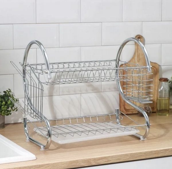 Органайзер для сушки посуды RIAS 2-Layer Dish Drainer двухъярусная с поддоном 37x11.5x26 см Silver (3_08762) 3_08762 фото