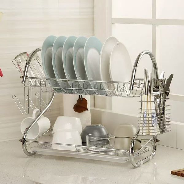 Органайзер для сушки посуды RIAS 2-Layer Dish Drainer двухъярусная с поддоном 37x11.5x26 см Silver (3_08762) 3_08762 фото