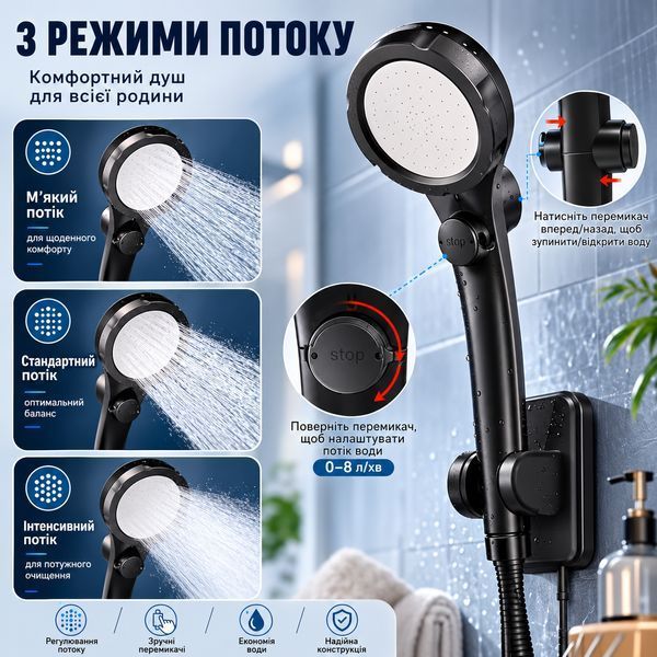 Портативний душ RIAS LH-04 з акумулятором 6000 мА&middot;г та LED-дисплеєм Black (3_08410) 3_08410 фото