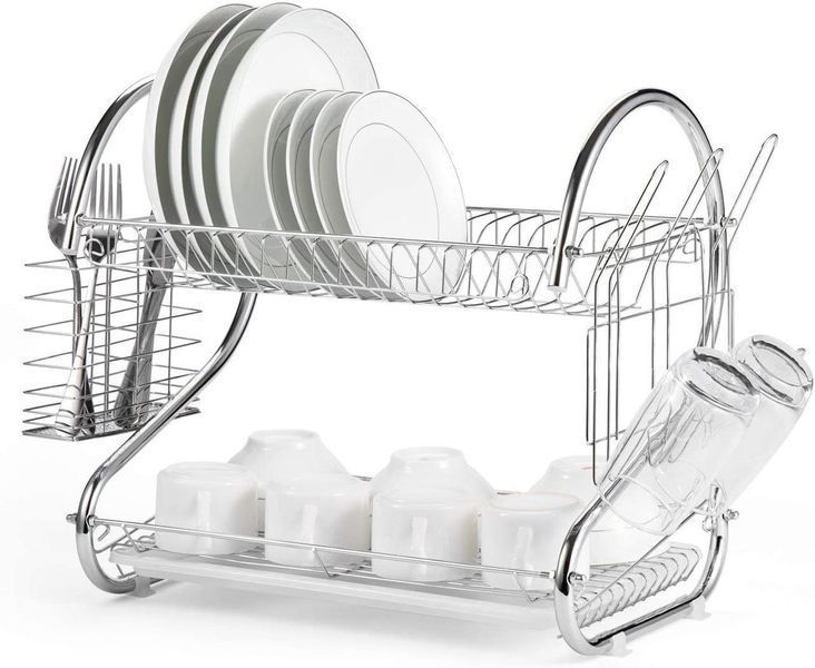 Органайзер для сушки посуды RIAS 2-Layer Dish Drainer двухъярусная с поддоном 37x11.5x26 см Silver (3_08762) 3_08762 фото