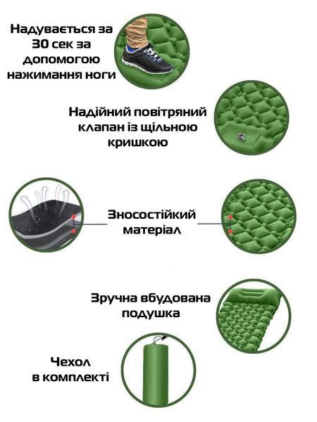 Надувной туристический матрас Sleeping Pad с подушкой м встроенным насосом 180х65см Green (3_05011) 3_05011 фото