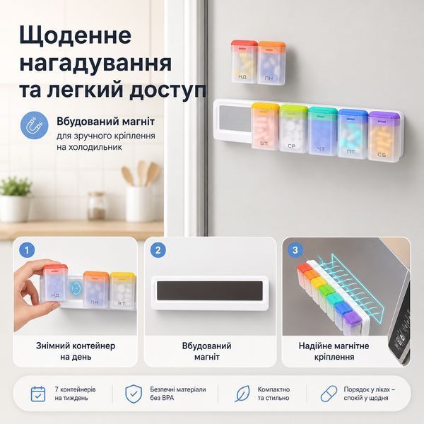 Органайзер для таблеток RIAS HG-07 магнитный недельный 7 контейнеров Multicolor (3_08523) 3_08523 фото