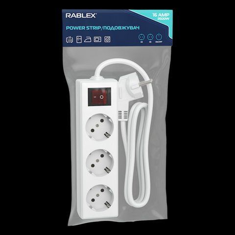 Мережевий фільтр Rablex RB3-3M 3 розетки 3 метра 16A 3500W із заземленням White (7_03261) 7_03261 фото