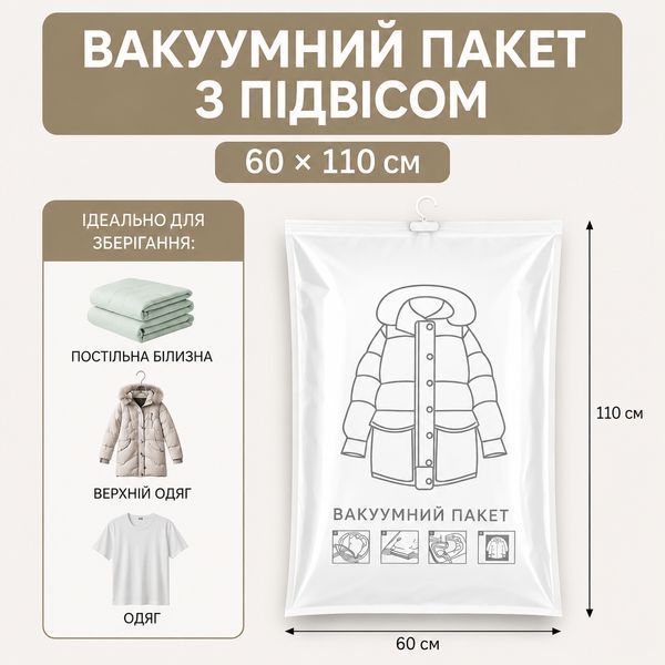 Вакуумний пакет RIAS PP-110 з підвісом для одягу водонепроникний 60&times;110 см Прозорий (3_08358) 3_08358 фото