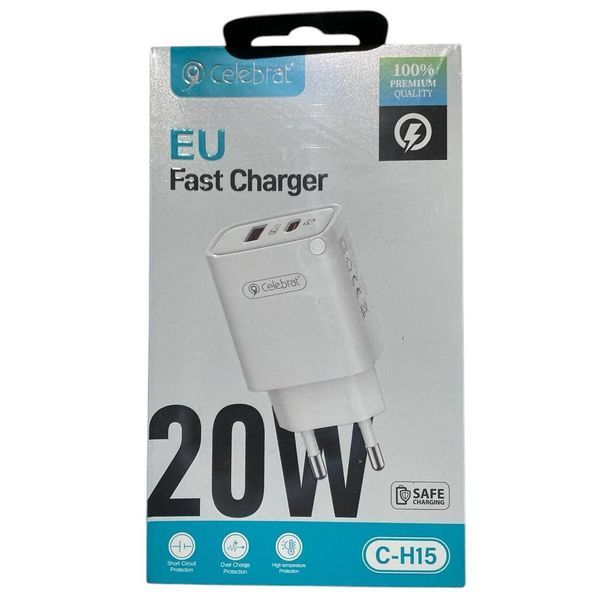 Зарядний пристрій Celebrat C-H15 Fast Charger USB+Type-C 20W White (3_08318) 3_08318 фото