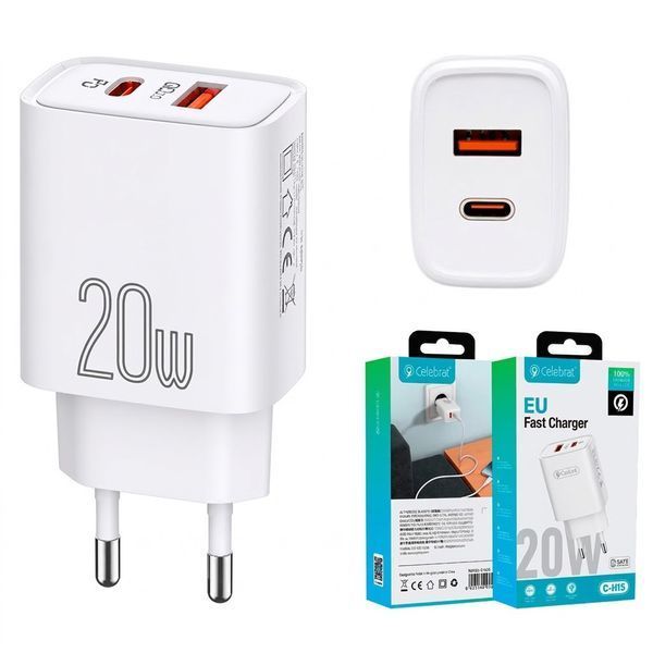 Зарядний пристрій Celebrat C-H15 Fast Charger USB+Type-C 20W White (3_08318) 3_08318 фото