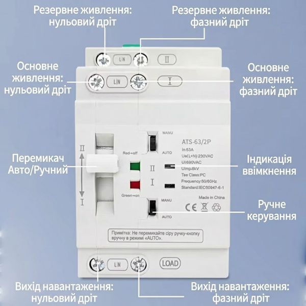 Переключатель питания автоматический ATS 63A 2P 1 фаза 220В White (3_08126) 3_08126 фото