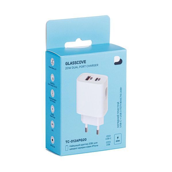 Сетевоe зарядное устройство Glasscove TC-012APQ20 3A 20W USB+Type C White (3_00661) 3_00661 фото