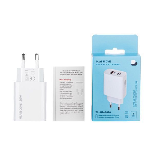 Сетевоe зарядное устройство Glasscove TC-012APQ20 3A 20W USB+Type C White (3_00661) 3_00661 фото