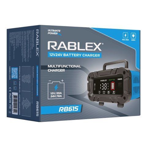 Зарядний пристрій для акумуляторів Rablex RB615 12-24V DC USB 20A/10A Black (7_02766) 7_02766 фото