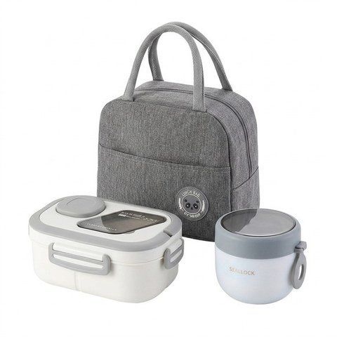 Ланч-бокс RIAS R-455 3в1 з чашкою та термосумкою Grey-White (3_08226) 3_08226 фото