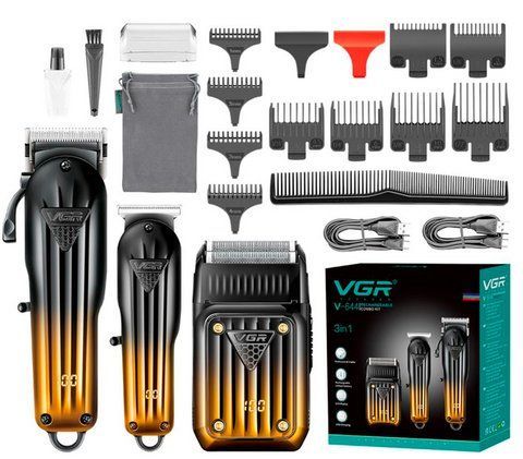 Набор машинка для стрижки, триммер и шейвер аккумуляторный VGR V-644 с LED дисплеем 12 насадок Black-Gold 7_02510 фото