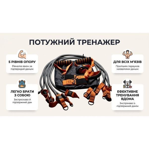 Набор эспандеров для фитнеса RIAS R-52 5 жгутов с чехлом Black (3_08228) 3_08228 фото