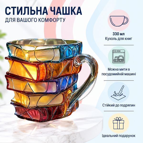 Чашка RIAS BS-11 3D-дизайн у вигляді стопки книг 330 мл Multicolor (3_08538) 3_08538 фото