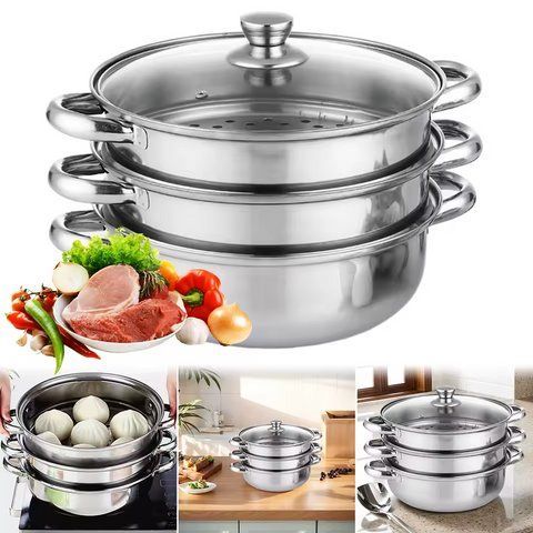 Каструля-пароварка RIAS MJ-26 3 яруси з кришкою 26.5 см Silver (3_08639) 3_08639 фото