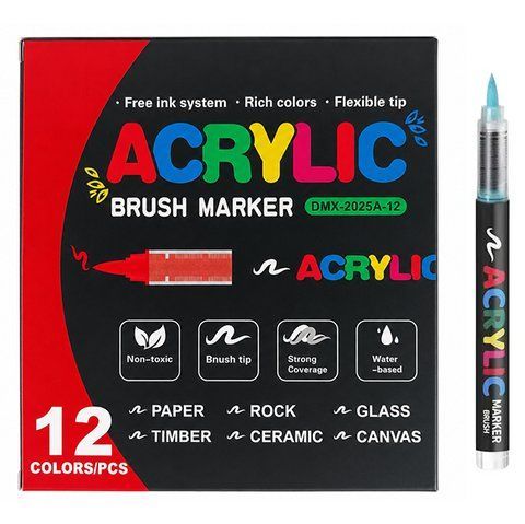 Набор акриловых маркеров Acrylic AW-1956 с кистевым наконечником 12 шт (3_08407) 3_08407 фото