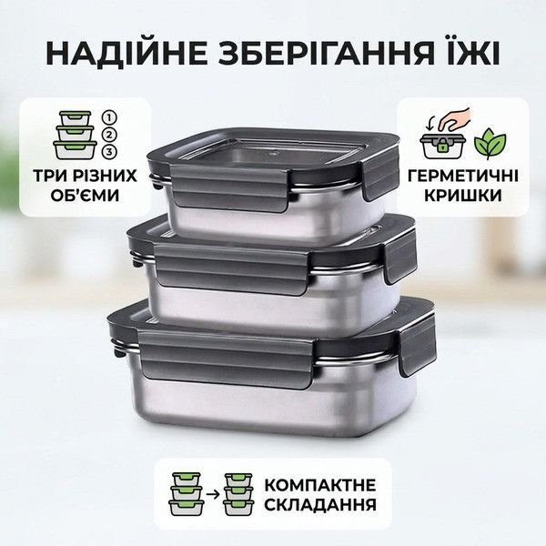 Набір контейнерів для їжі RIAS Steel з кришками 300-600-1200ml Black (3_08375) 3_08375 фото