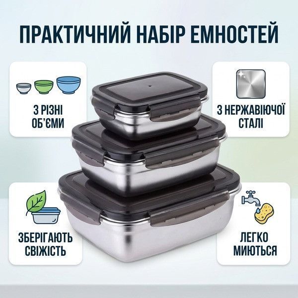 Набір контейнерів для їжі RIAS Steel з кришками 300-600-1200ml Black (3_08375) 3_08375 фото