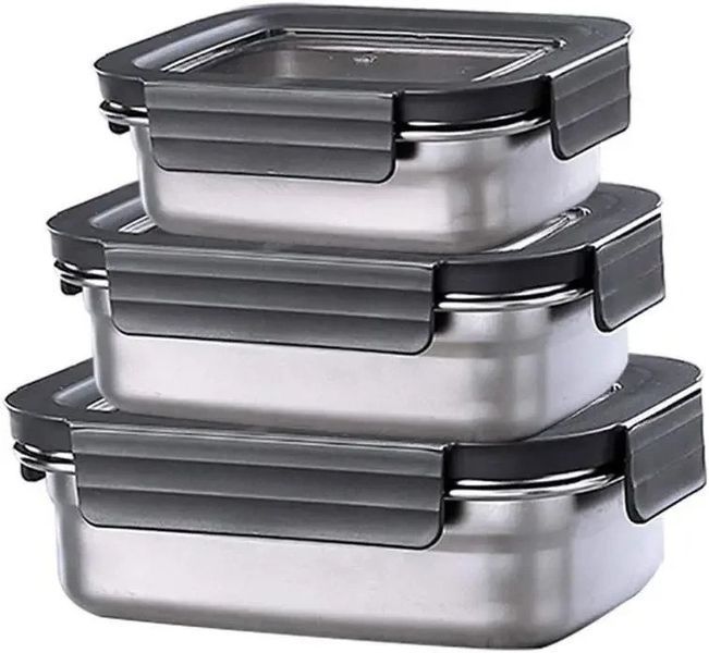 Набір контейнерів для їжі RIAS Steel з кришками 300-600-1200ml Black (3_08375) 3_08375 фото
