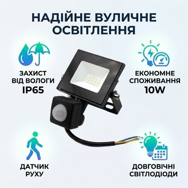 Прожектор NeoMax NX10 LED з датчиком руху IP65 10W 6500K 120 градусів Black (7_03104) 7_03104 фото